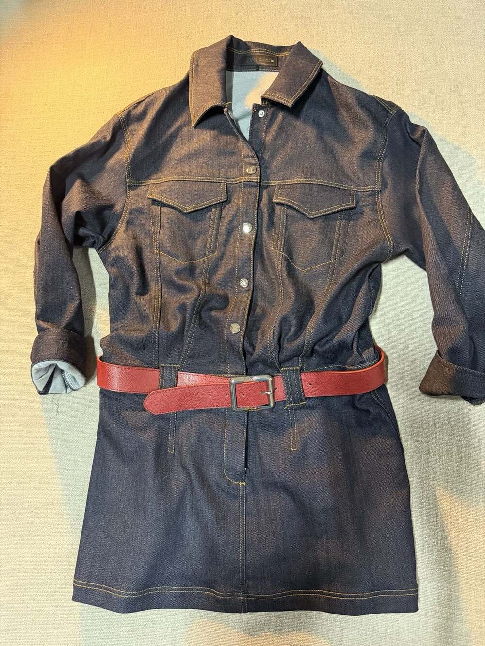 Zara Dark Wash Denim Shirt Dress with Red Belt Size S